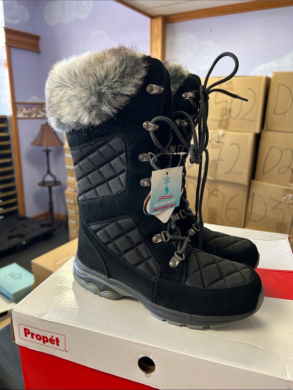 Propet Black Quilted Waterproof Lace-Up Winter Boots with Faux Fur Trim